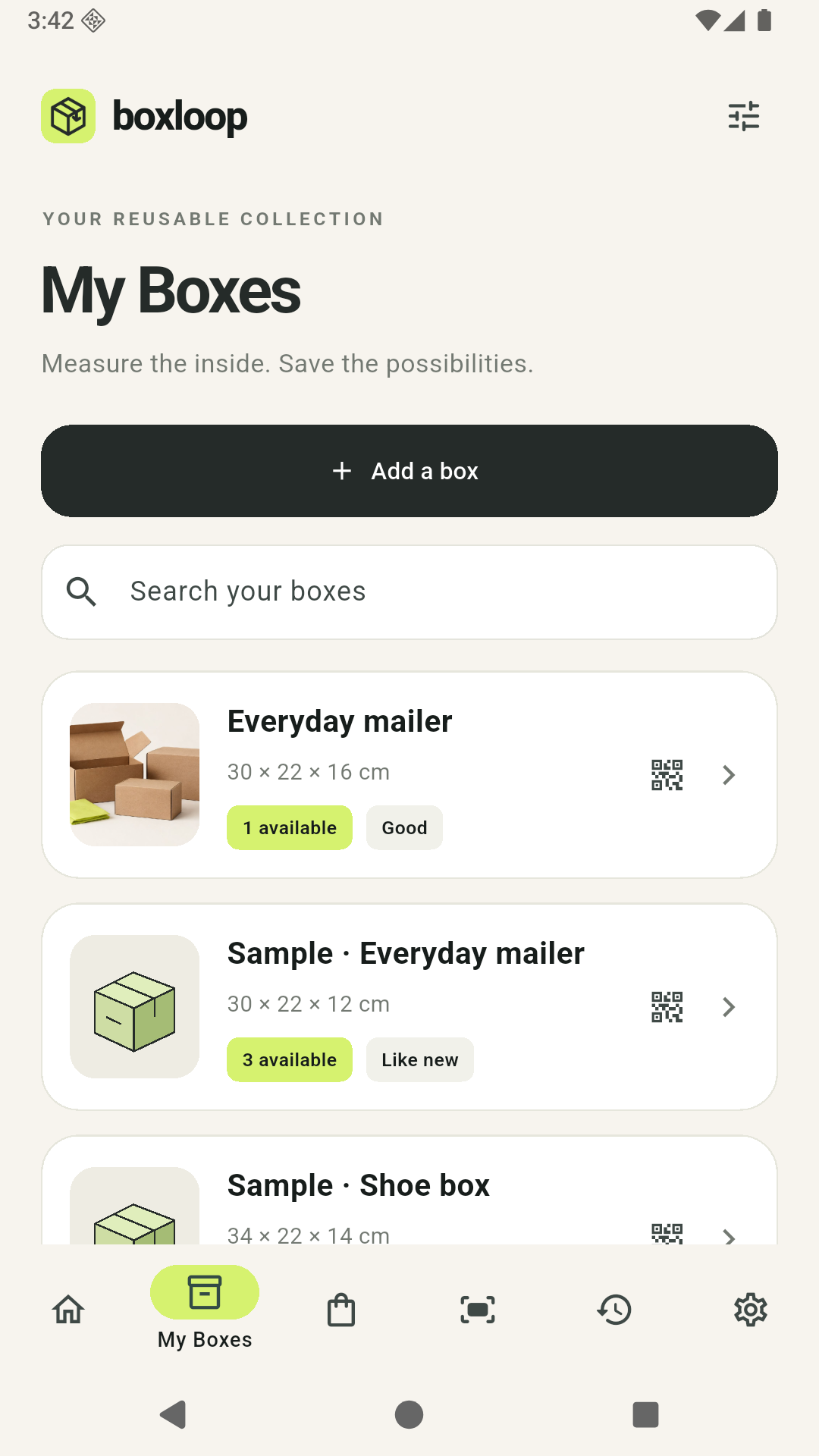 My Boxes with an optional photo, dimensions and quantities