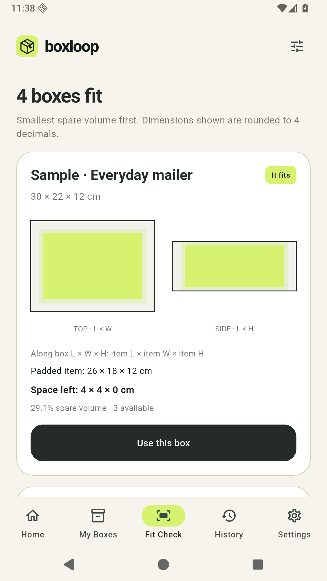 Fit result with top and side diagrams and remaining space