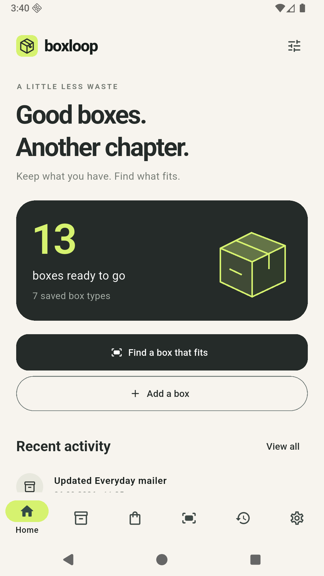 BoxLoop Home with available boxes and recent actions