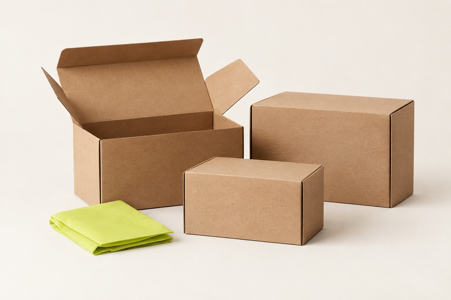 Three reusable kraft shipping boxes of different sizes